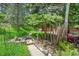 Landscaped side yard with a stone pathway, lush greenery, and a charming fence, creating a serene outdoor space at 23626 Genesee Village Rd, Golden, CO 80401