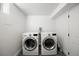 Modern laundry room with new LG washer and dryer, a white painted door and a small cleaning appliance at 991 E Applewood Ave, Centennial, CO 80121