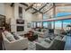 Inviting living room with a stone fireplace, vaulted ceilings, and breathtaking city views at 703 Emberglow Ln, Highlands Ranch, CO 80126