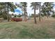 View of backyard featuring large deck, green siding home, surrounding forest, and large open space at 4295 Picutis Rd, Indian Hills, CO 80454