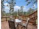 Inviting outdoor deck featuring a glass table with seating for four and scenic views of the surrounding greenery at 4295 Picutis Rd, Indian Hills, CO 80454
