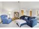 Cozy living room with a blue couch, recliner, and built-in shelving at 1411 Maple Dr, Berthoud, CO 80513