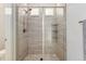 Shower with gray tile, a glass enclosure, and built-in shelves at 2641 Channel Dr, Highlands Ranch, CO 80129