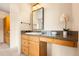 Bright bathroom with a makeup vanity, a granite countertop, and warm-toned cabinetry at 209 Saratoga Mine Dr, Castle Rock, CO 80108