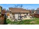 Aerial view of the spacious backyard featuring a patio with seating, and a well-maintained lawn at 3303 Blue Grass Cir, Castle Rock, CO 80109