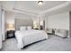 Relaxing bedroom featuring neutral tones, a large bed, tray ceiling, and an ensuite bathroom at 7012 S Undergrove Way, Aurora, CO 80016