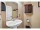 Bathroom with single sink and vanity, vanity mirror, and dark wood cabinet at 5556 Lewiston Ct, Denver, CO 80239