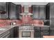 Contemporary kitchen featuring dark cabinetry, stainless steel appliances, and a red backsplash at 1735 19Th St # 6D, Denver, CO 80202