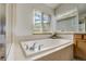 Bright bathroom featuring a white soaking tub with chrome hardware and two sunlit windows with blinds at 19105 Eagle Ridge Dr, Golden, CO 80401