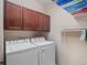 A laundry room with a washer, dryer, upper cabinets for storage, and a rack for hanging clothes and organizing at 8099 Sabino Ln, Castle Rock, CO 80108