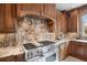 Close-up of the gourmet kitchen with stainless steel stove and custom backsplash at 392 Starmine Pl, Castle Rock, CO 80108
