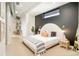 Bedroom with modern design featuring hardwood floors, a black accent wall, and unique lighting fixtures at 3198 Blake St # 402, Denver, CO 80205