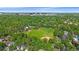 Scenic aerial view of a park with a baseball field, green space, and distant city buildings, all surrounded by mature trees at 2340 S Columbine St, Denver, CO 80210