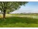 Expansive backyard with lush greenery, mature tree, a white fence, and views of the distant mountains at 2117 Stonehenge Cir, Lafayette, CO 80026