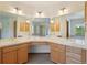 Spacious primary bathroom features a vanity with three mirrors, sink, and beautiful views of the trees at 2247 Eagles Nest Dr, Lafayette, CO 80026