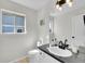 Modern bathroom featuring a sleek vanity with dark countertops and a stylish mirror and lighting fixture at 5051 Yates Cir, Broomfield, CO 80020
