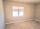 Bright bedroom featuring neutral walls, plush carpet, and a large window for natural light at 1660 Prominence Cir, Elizabeth, CO 80107