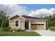 Charming single-story home featuring stone accents, tan siding, well-manicured lawn, and attached garage at 19110 E 96Th Pl, Commerce City, CO 80022