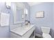 Charming powder room with marble countertop, stylish mirror, and modern fixtures at 1449 Wynkoop St # 601, Denver, CO 80202