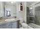 Bathroom with a shower and vanity with tile countertop and blue cabinets at 12110 Bay Oaks Ct, Parker, CO 80138