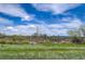 Scenic backyard with lush green grass, mature trees, and a tranquil pond for relaxation at 17359 Waterhouse Cir # C, Parker, CO 80134