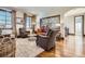 Cozy living room with plush rug, decorative screen, wood floors, and designer finishes at 9435 Winding Hill Way, Lone Tree, CO 80124