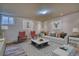 Comfortable living room featuring a gray sofa, pink chairs, and patterned rug at 1834 Hennington Ct, Longmont, CO 80501