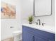 Stylish powder room features a blue vanity, modern fixtures, a decorative mirror, and a charming art piece at 3343 S Newcombe St, Lakewood, CO 80227