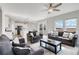 Open-concept living room featuring large windows, comfortable sofas, and a seamless flow to the kitchen at 27798 E 7Th Pl, Aurora, CO 80018