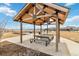 Covered park picnic area features solid wood benches and tables; community gathering spot, outdoor recreation space at 27798 E 7Th Pl, Aurora, CO 80018