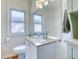 Updated bathroom featuring a vanity, toilet, a frosted window and updated fixtures at 2684 S Logan St, Denver, CO 80210