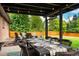Covered patio dining area features a long table set for ten with an adjacent outdoor seating area at 7256 S Broadway, Centennial, CO 80122