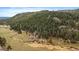 An aerial view highlighting the property, adjacent field, and beautiful surrounding forest at 7510 Blue Creek Rd, Evergreen, CO 80439