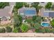 Aerial view of a home with solar panels, patio dining, firepit, and a pool in the neighboring yard at 8291 S Krameria Way, Centennial, CO 80112