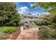 Backyard with a stone patio, firepit, lush greenery, and exterior view of the home with solar panels at 8291 S Krameria Way, Centennial, CO 80112