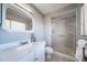 Modern bathroom with a glass-enclosed shower, sleek vanity, and contemporary fixtures at 5404 W Rowland Pl, Littleton, CO 80128