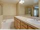 Bright bathroom with dual sinks, soaking tub, and well-lit vanity at 5072 Meadow Mountain Dr, Broomfield, CO 80023