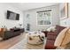 Cozy living room with a modern accent rug, view of the outdoors, and a stylish ottoman at 2152 Bighorn Rd # 203, Georgetown, CO 80444