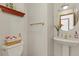 Powder room with pedestal sink, decorative fixtures, and floral accents at 937 Caribou Dr, Monument, CO 80132
