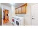 Convenient laundry room features front-load washer/dryer, storage cabinets and access to the kitchen at 8199 W 67Th Ave, Arvada, CO 80004