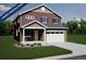 Under construction rendering of a charming two-story home with a covered porch and attached garage at 3879 N Shawnee St, Aurora, CO 80019
