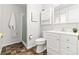 Compact bathroom with a shower stall, toilet, and vanity with storage space at 7442 S Wellington St, Centennial, CO 80122