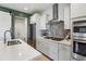 Modern kitchen boasts stainless appliances, white cabinets, marble backsplash and quartz countertops at 6558 Kenzie Cir, Castle Pines, CO 80108