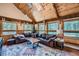 Spacious living room featuring wood ceilings, large windows, comfortable seating, and stylish decor at 5739 Highway 9, Breckenridge, CO 80424