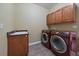 Well-organized laundry room featuring a sink, cabinets, and modern washer and dryer set at 15258 W 75Th Pl, Arvada, CO 80007