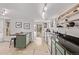 A kitchen featuring green cabinets, stainless appliances, black counters, and track lighting at 30 Fox St, Denver, CO 80223