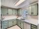 Bright kitchen featuring modern appliances, sleek countertops, and stylish green cabinetry at 3750 S Galapago St, Englewood, CO 80110