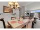 Bright dining area with chandelier, stylish decor, and backyard view at 9567 Brentwood Way # A, Broomfield, CO 80021