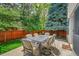 Outdoor patio with shaded dining and fenced in yard at 14878 E Aberdeen Ave, Centennial, CO 80016