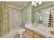 Bathroom with a tile shower, bath, and vanity with natural lighting and modern fixtures at 14878 E Aberdeen Ave, Centennial, CO 80016